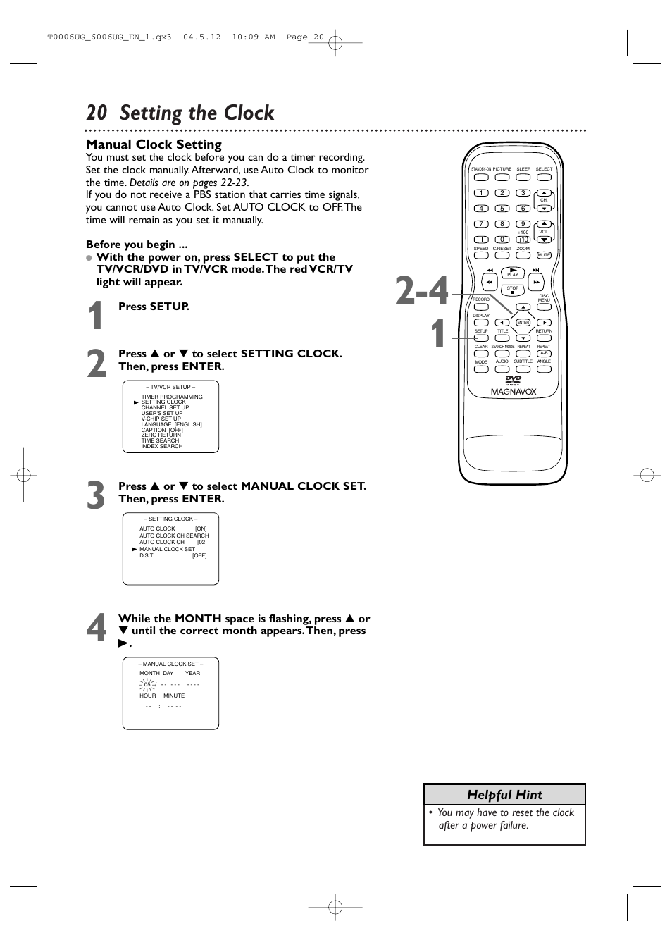 20 setting the clock, Helpful hint manual clock setting | Philips Magnavox 27MDTR20 User Manual | Page 20 / 160