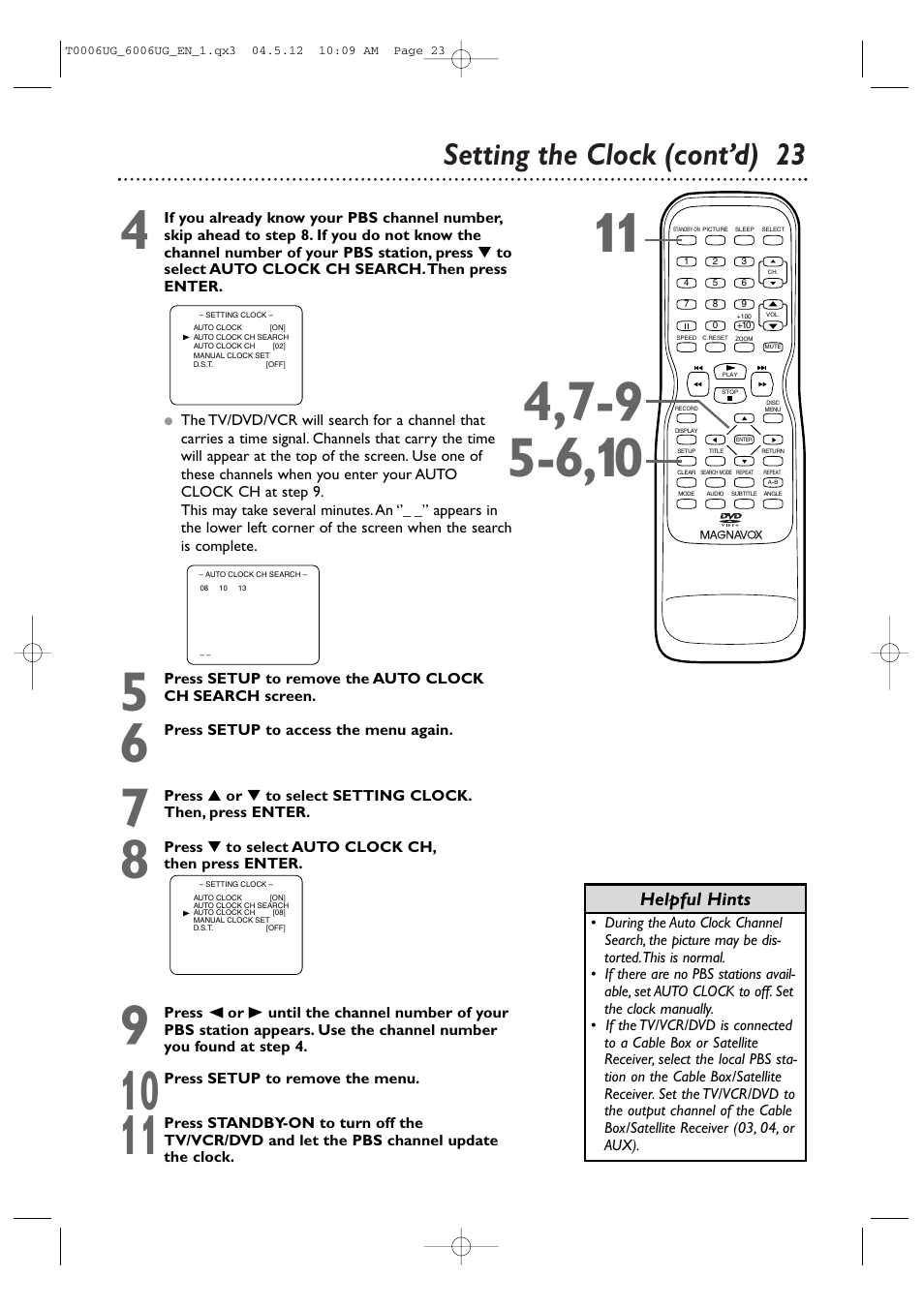 Setting the clock (cont’d) 23, Helpful hints | Philips Magnavox 27MDTR20 User Manual | Page 23 / 160