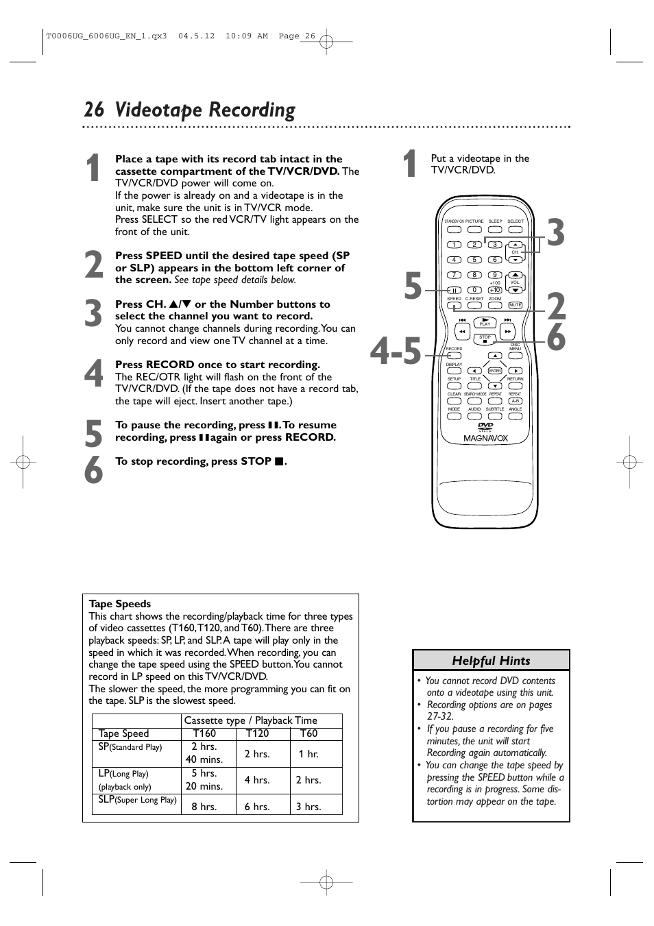 26 videotape recording | Philips Magnavox 27MDTR20 User Manual | Page 26 / 160