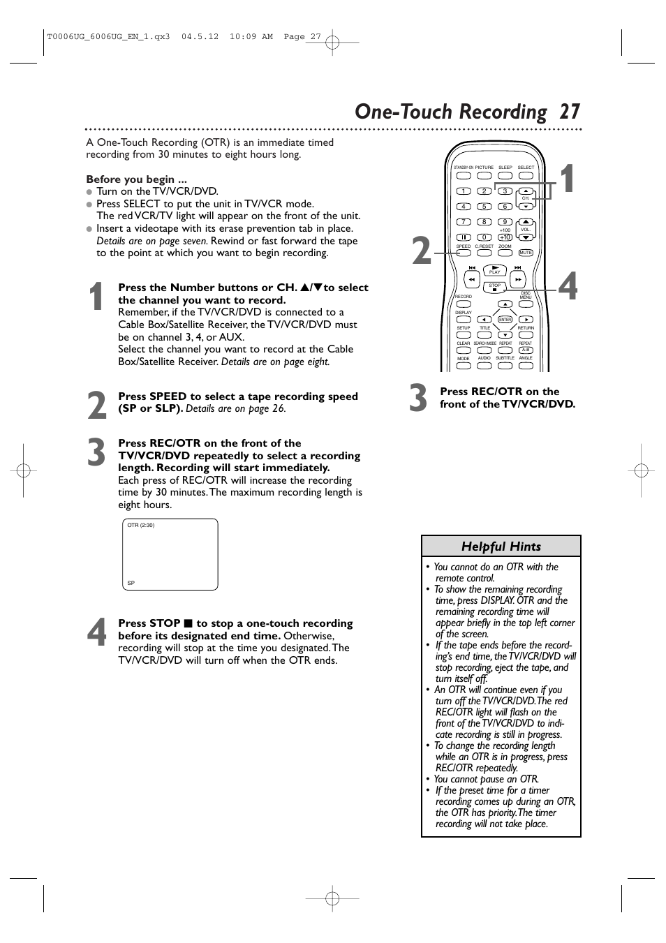 One-touch recording 27, Helpful hints | Philips Magnavox 27MDTR20 User Manual | Page 27 / 160