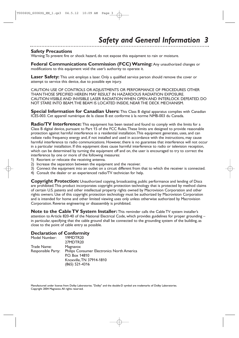 Safety and general information 3 | Philips Magnavox 27MDTR20 User Manual | Page 3 / 160