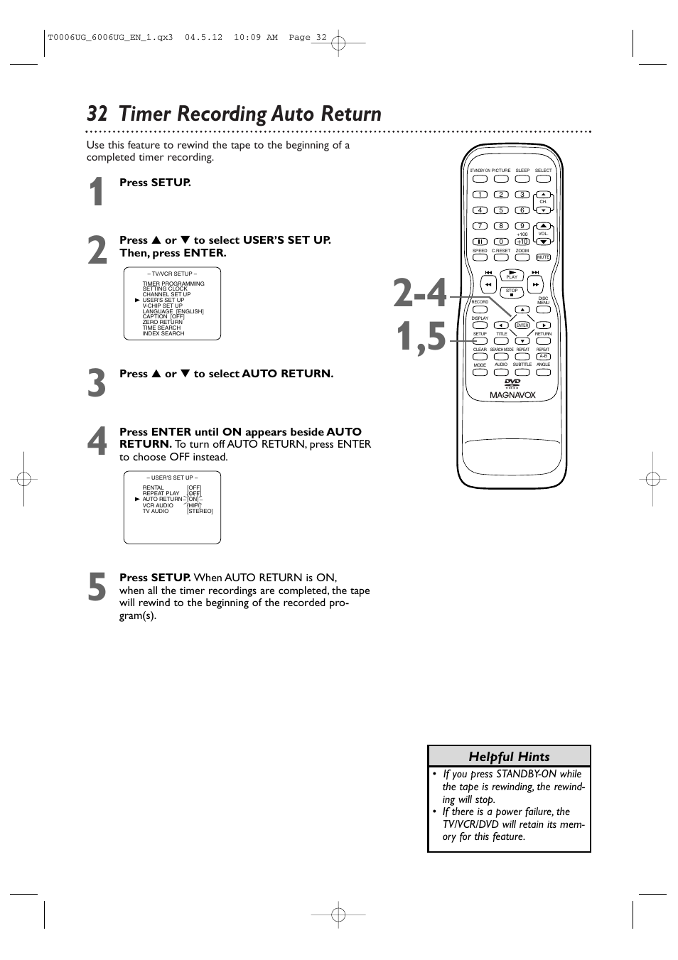 32 timer recording auto return, Helpful hints | Philips Magnavox 27MDTR20 User Manual | Page 32 / 160