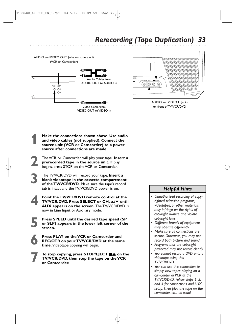 Rerecording (tape duplication) 33 | Philips Magnavox 27MDTR20 User Manual | Page 33 / 160