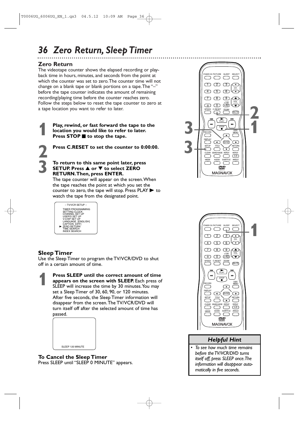 36 zero return, sleep timer, Zero return, Sleep timer | Helpful hint | Philips Magnavox 27MDTR20 User Manual | Page 36 / 160