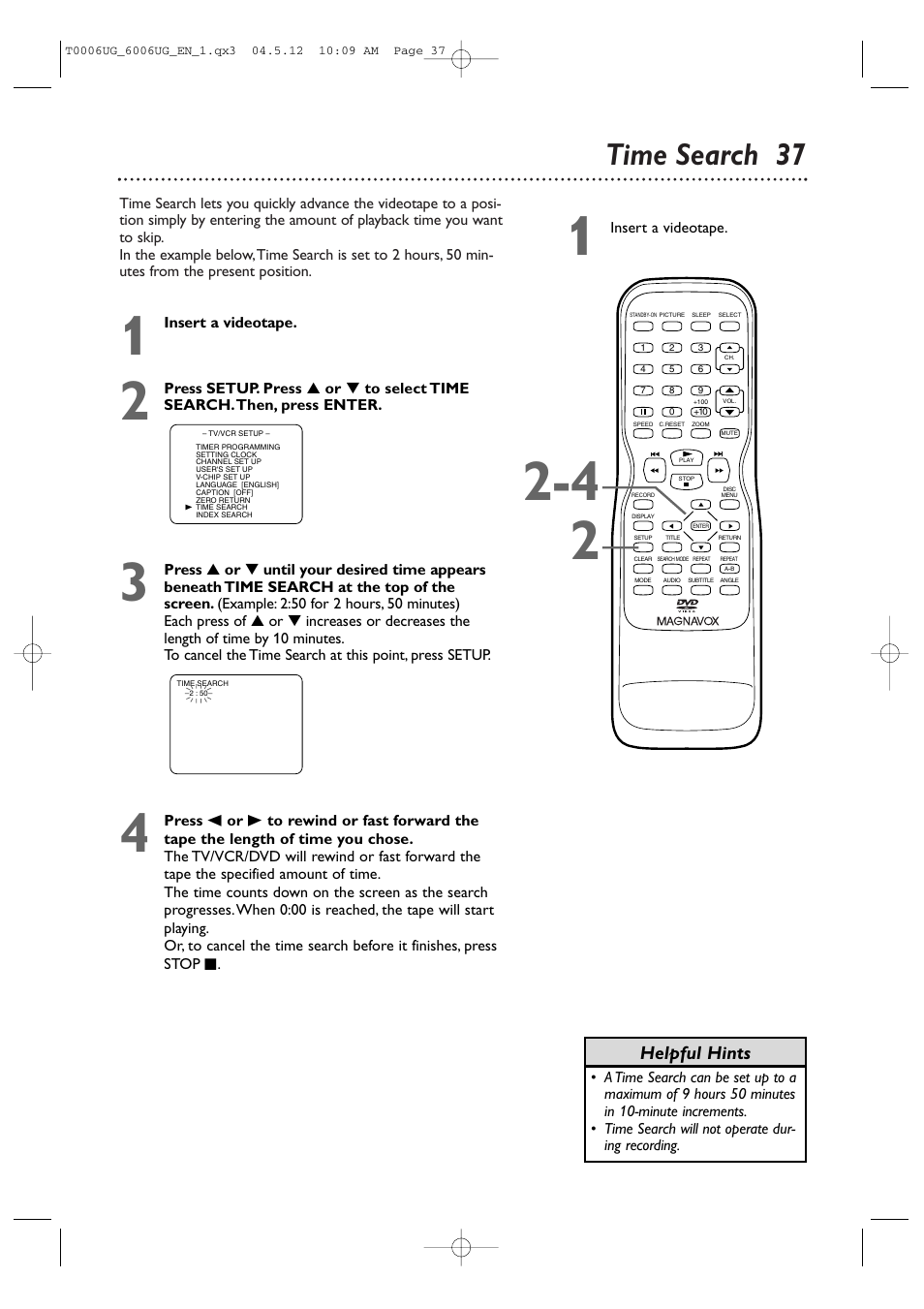 Time search 37, Helpful hints | Philips Magnavox 27MDTR20 User Manual | Page 37 / 160