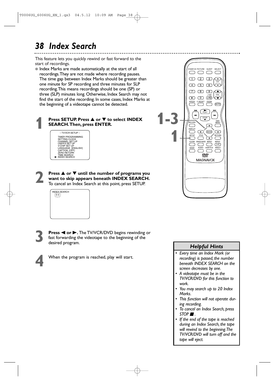 38 index search, Helpful hints | Philips Magnavox 27MDTR20 User Manual | Page 38 / 160