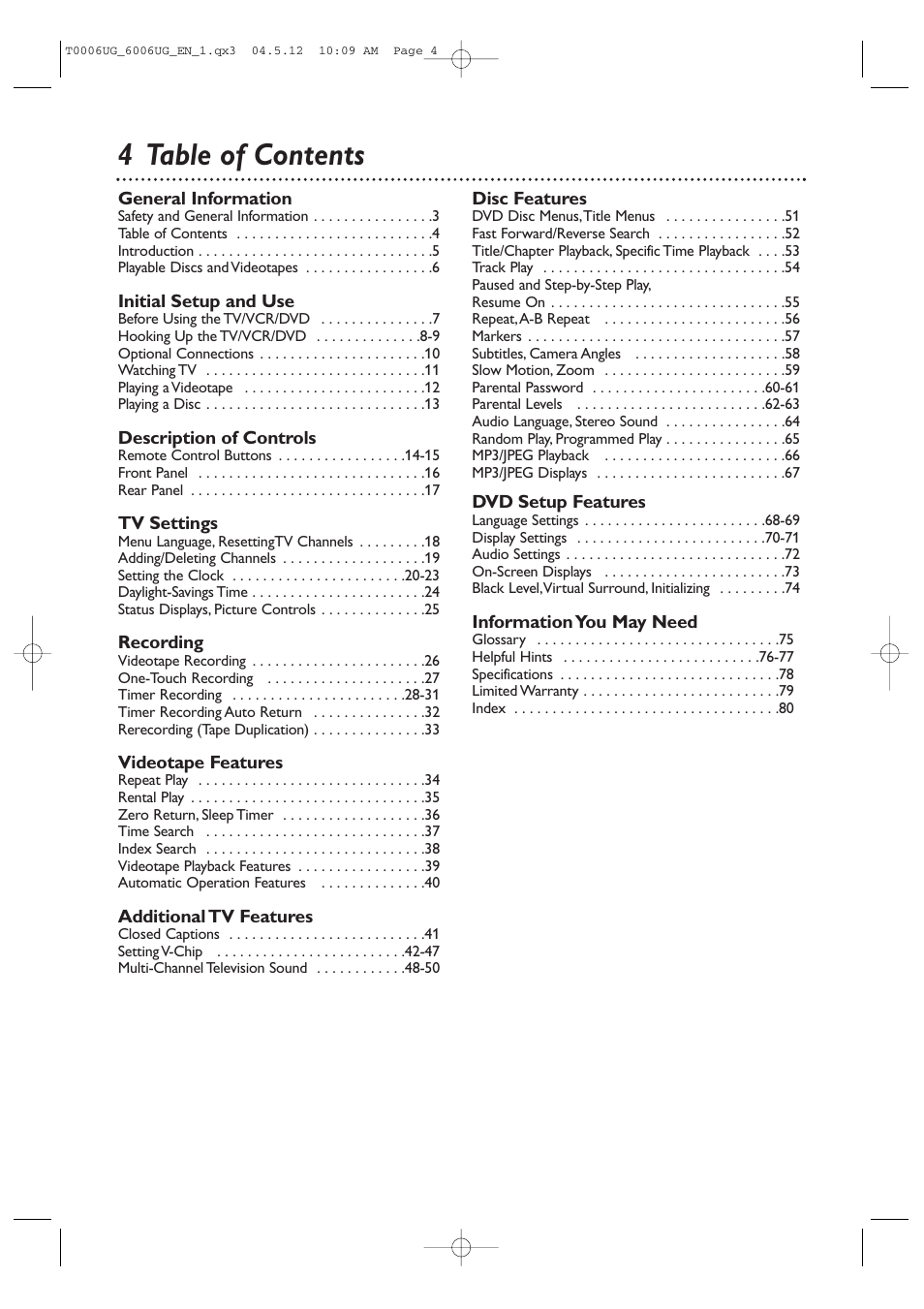 4 table of contents | Philips Magnavox 27MDTR20 User Manual | Page 4 / 160