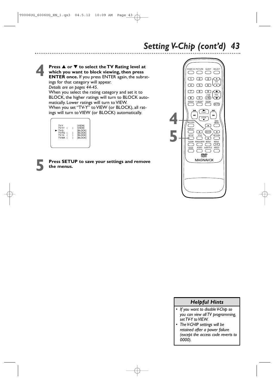 Setting v-chip (cont’d) 43, Helpful hints | Philips Magnavox 27MDTR20 User Manual | Page 43 / 160