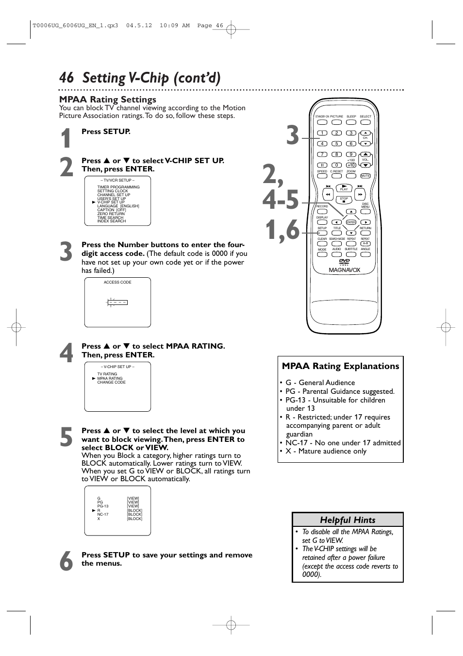 46 setting v-chip (cont’d) | Philips Magnavox 27MDTR20 User Manual | Page 46 / 160