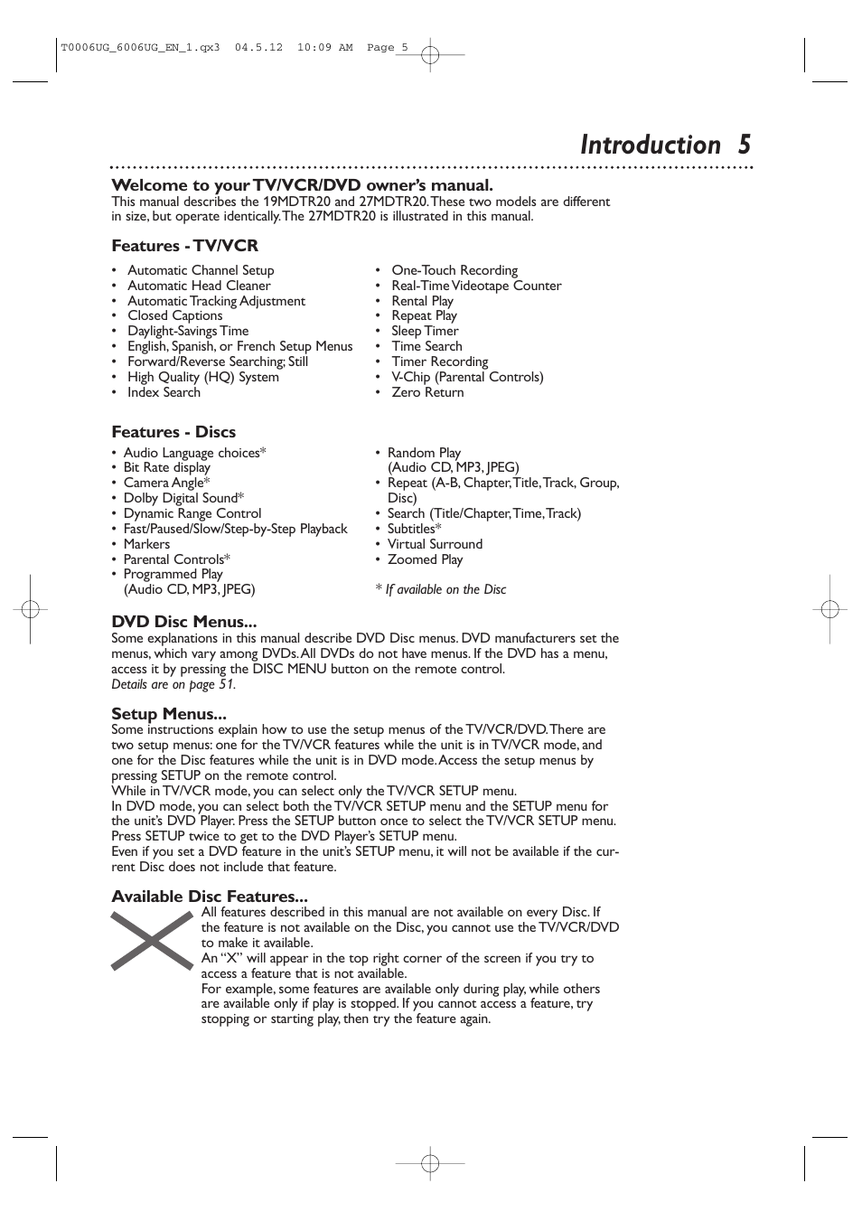 Introduction 5 | Philips Magnavox 27MDTR20 User Manual | Page 5 / 160