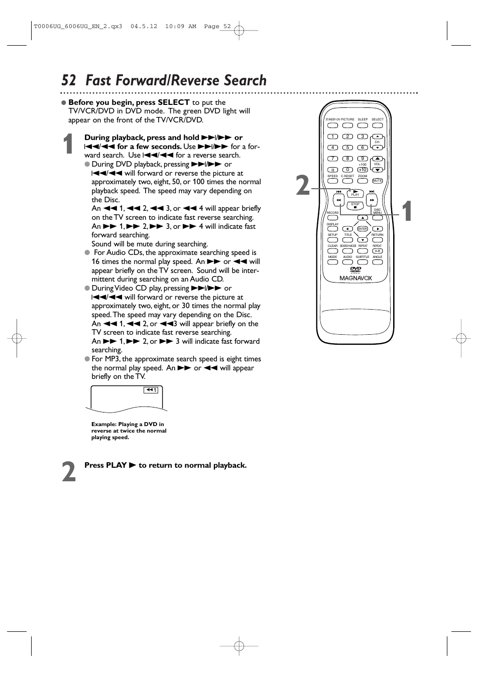 52 fast forward/reverse search | Philips Magnavox 27MDTR20 User Manual | Page 52 / 160