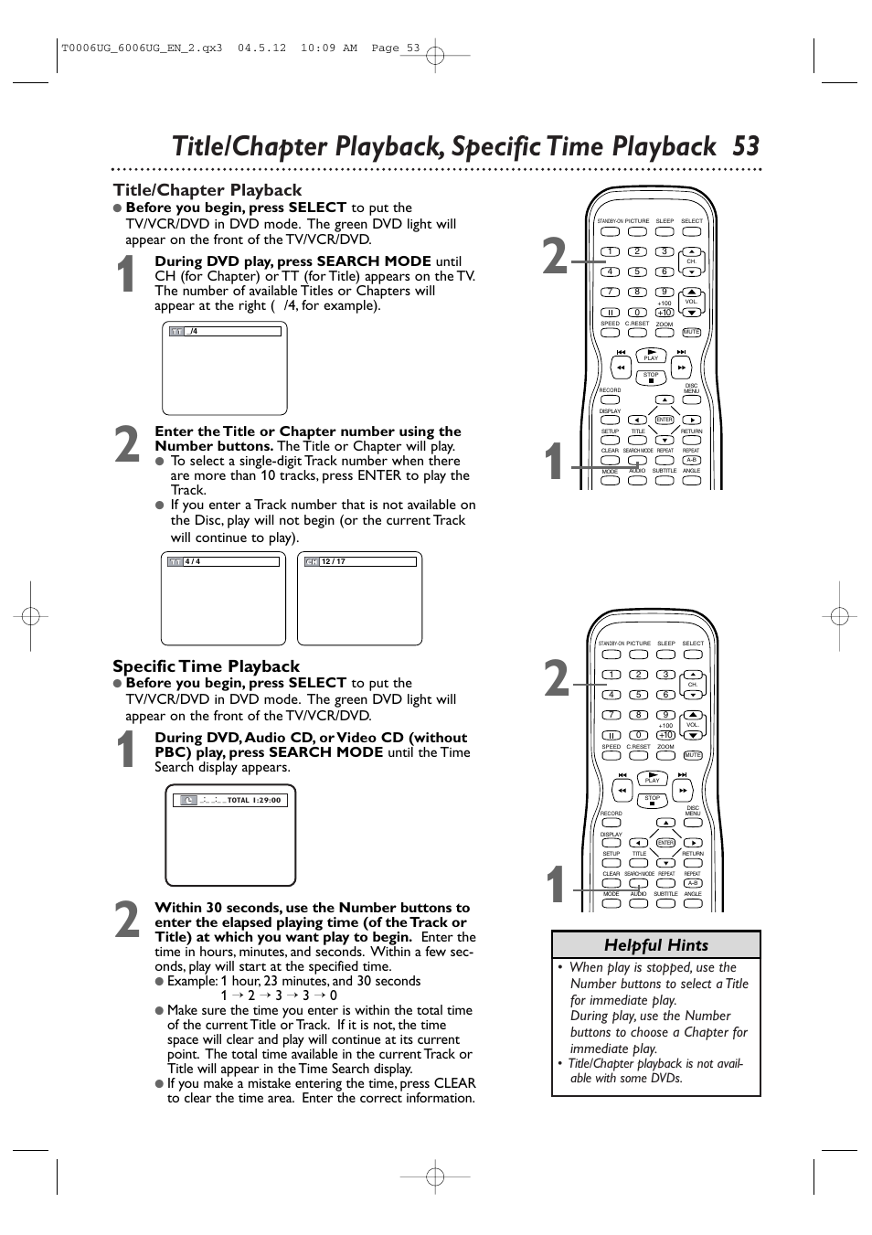 Title/chapter playback, specific time playback 53, Title/chapter playback, Specific time playback | Helpful hints | Philips Magnavox 27MDTR20 User Manual | Page 53 / 160