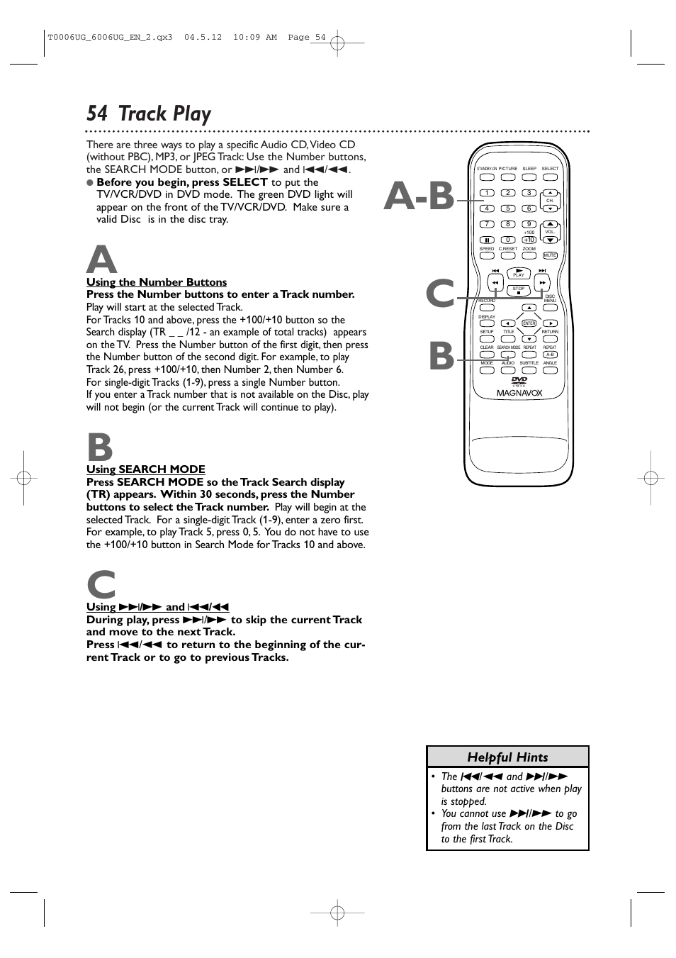 Ba-b c, 54 track play, Helpful hints | Philips Magnavox 27MDTR20 User Manual | Page 54 / 160