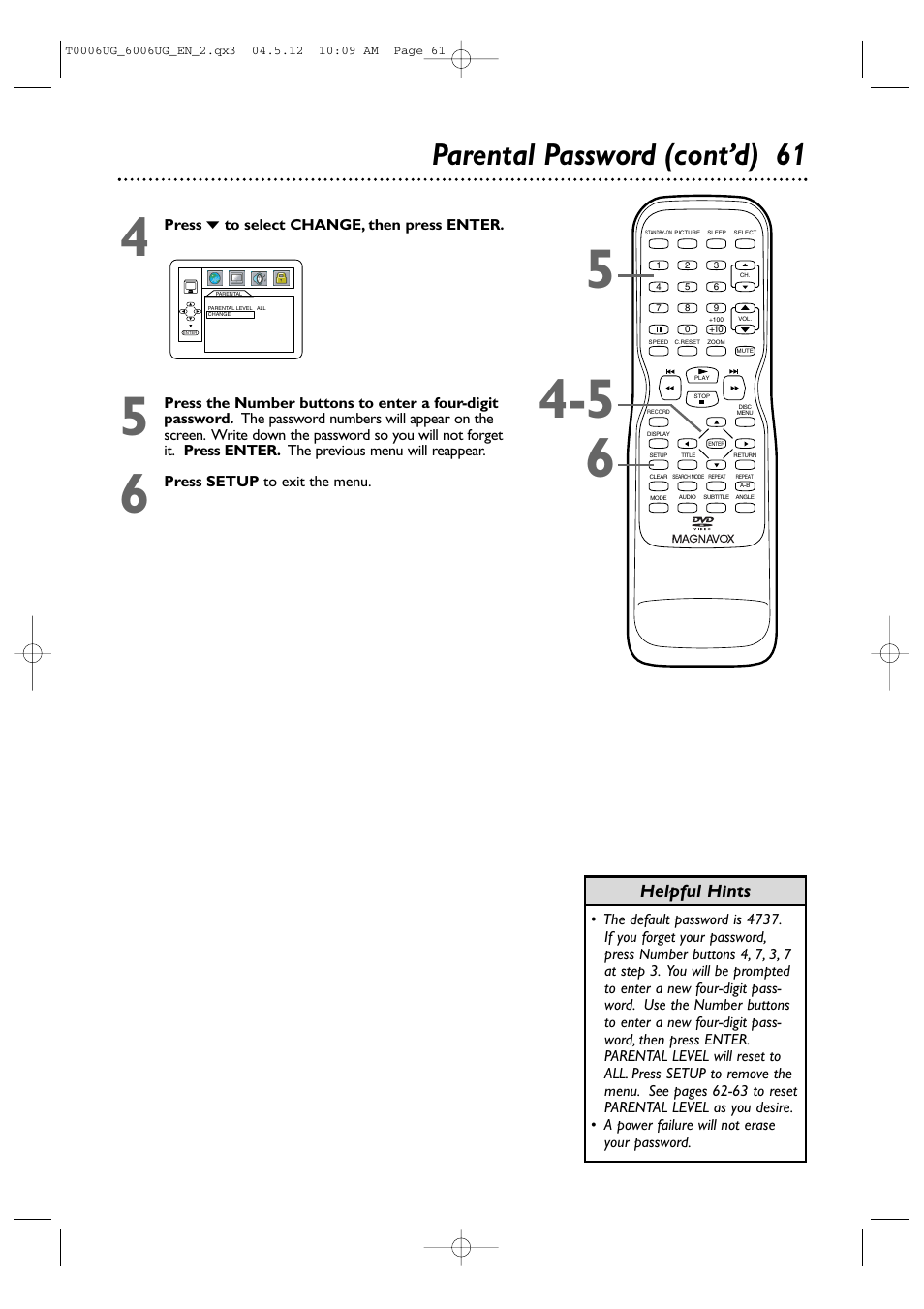 Parental password (cont’d) 6 1, Helpful hints | Philips Magnavox 27MDTR20 User Manual | Page 61 / 160