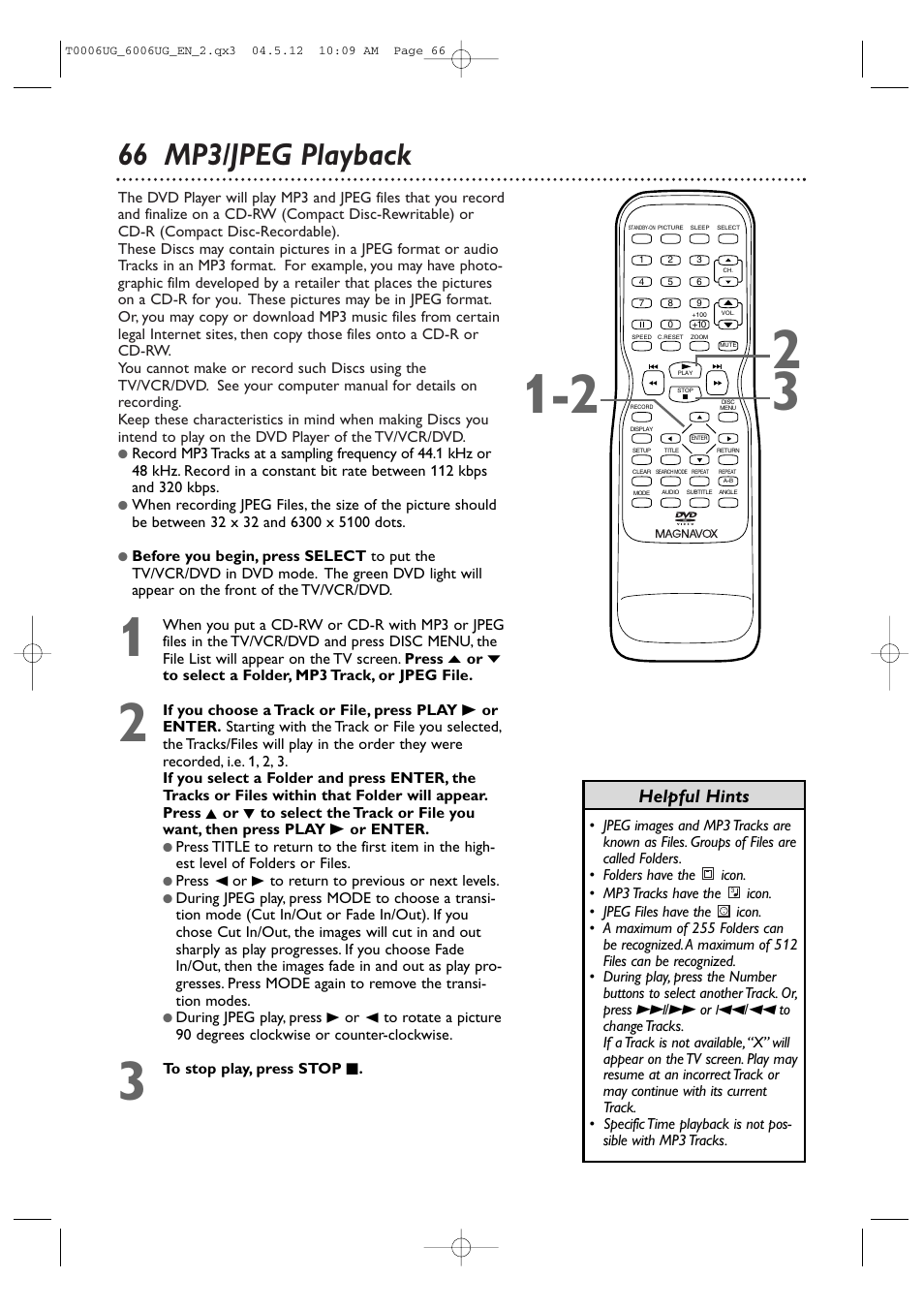 66 mp3/jpeg playback, Helpful hints | Philips Magnavox 27MDTR20 User Manual | Page 66 / 160