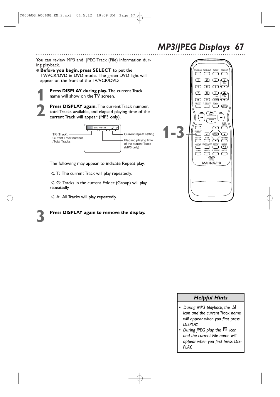 Mp3/jpeg displays 67, Helpful hints | Philips Magnavox 27MDTR20 User Manual | Page 67 / 160