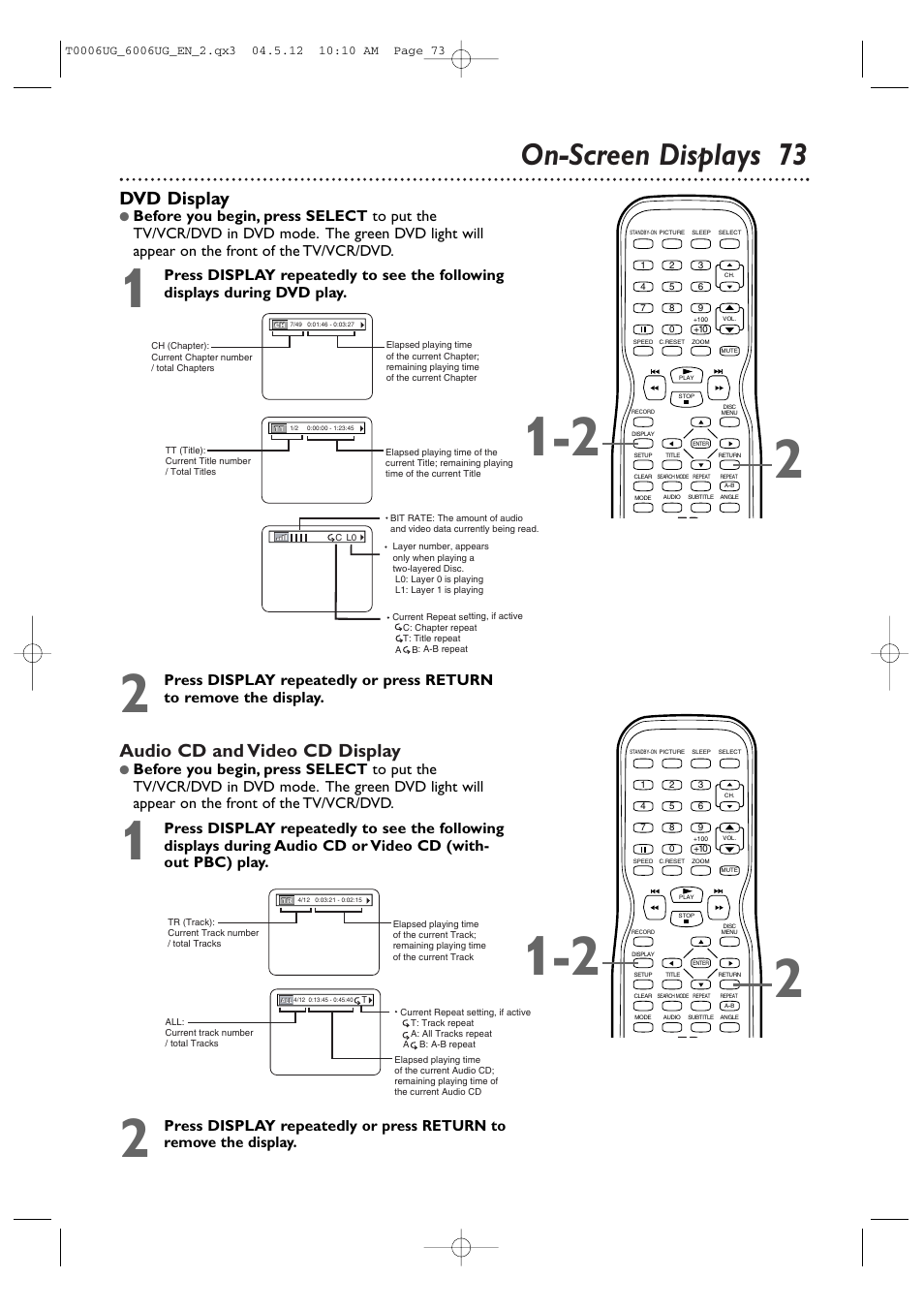 On-screen displays 73, Audio cd and video cd display, Dvd display | Philips Magnavox 27MDTR20 User Manual | Page 73 / 160