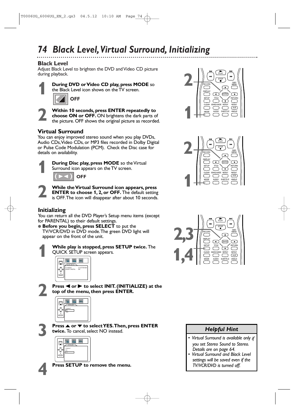 74 black level, virtual surround, initializing, Black level, Virtual surround | Helpful hint, Initializing | Philips Magnavox 27MDTR20 User Manual | Page 74 / 160