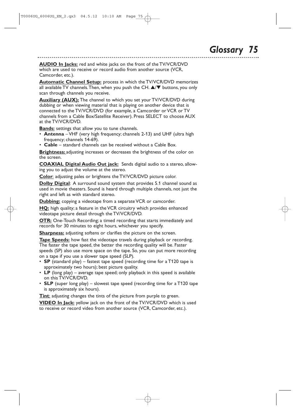 Glossary 75 | Philips Magnavox 27MDTR20 User Manual | Page 75 / 160