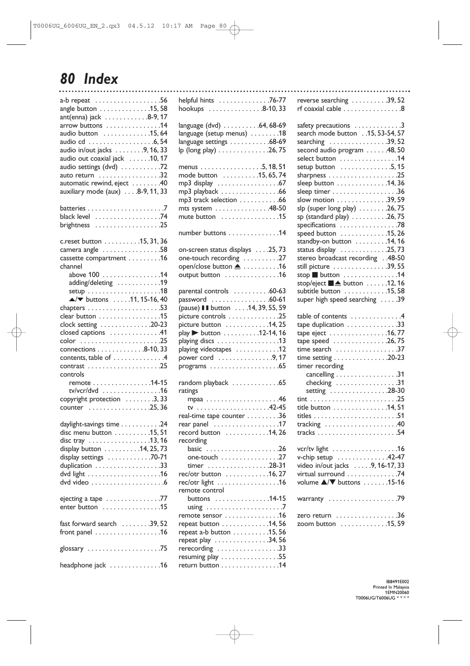 80 index | Philips Magnavox 27MDTR20 User Manual | Page 80 / 160