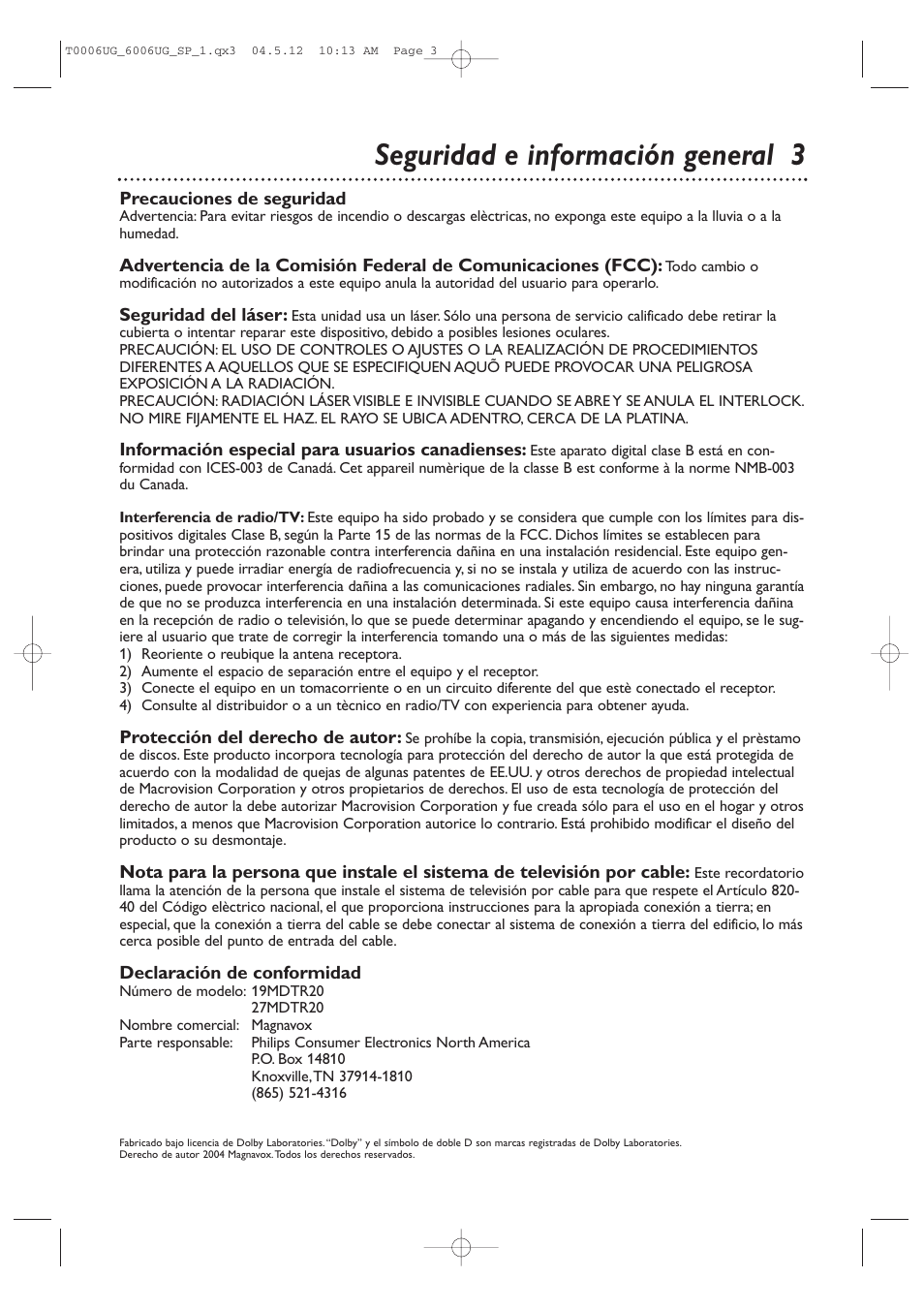 Seguridad e información general 3 | Philips Magnavox 27MDTR20 User Manual | Page 83 / 160