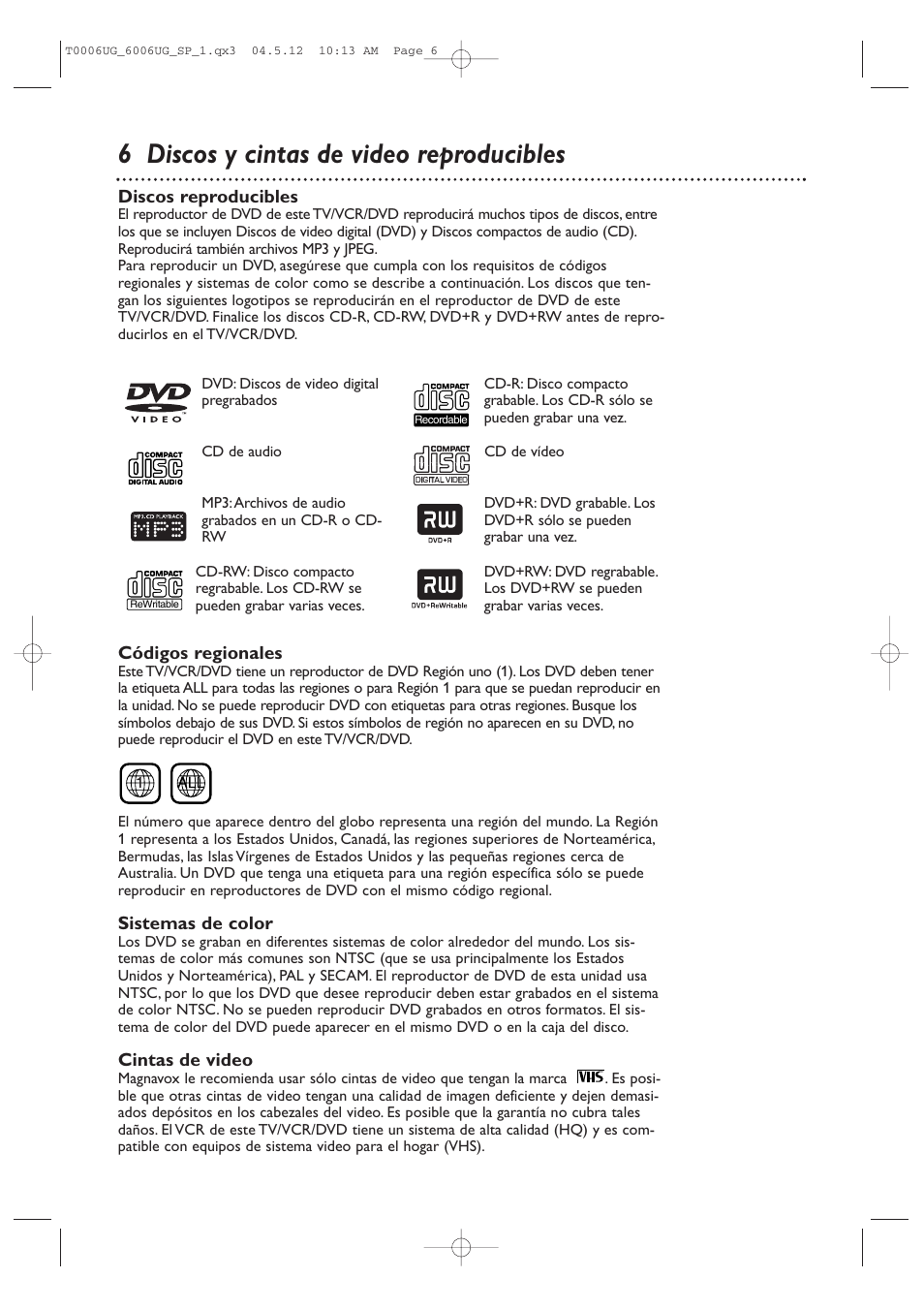 6 discos y cintas de video reproducibles | Philips Magnavox 27MDTR20 User Manual | Page 86 / 160