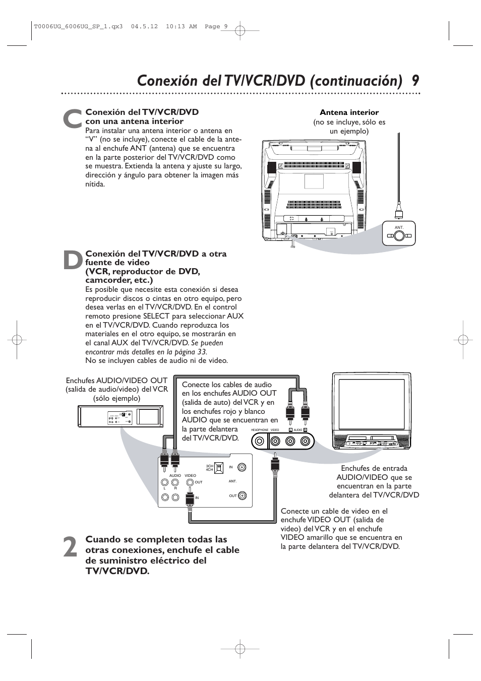 Conexión del tv/vcr/dvd (continuación) 9, Conexión del tv/vcr/dvd con una antena interior | Philips Magnavox 27MDTR20 User Manual | Page 89 / 160