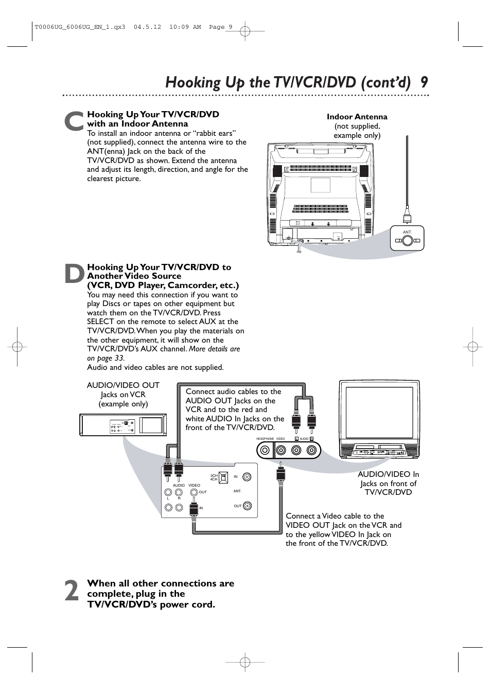 Hooking up the tv/vcr/dvd (cont’d) 9, Hooking up your tv/vcr/dvd with an indoor antenna | Philips Magnavox 27MDTR20 User Manual | Page 9 / 160