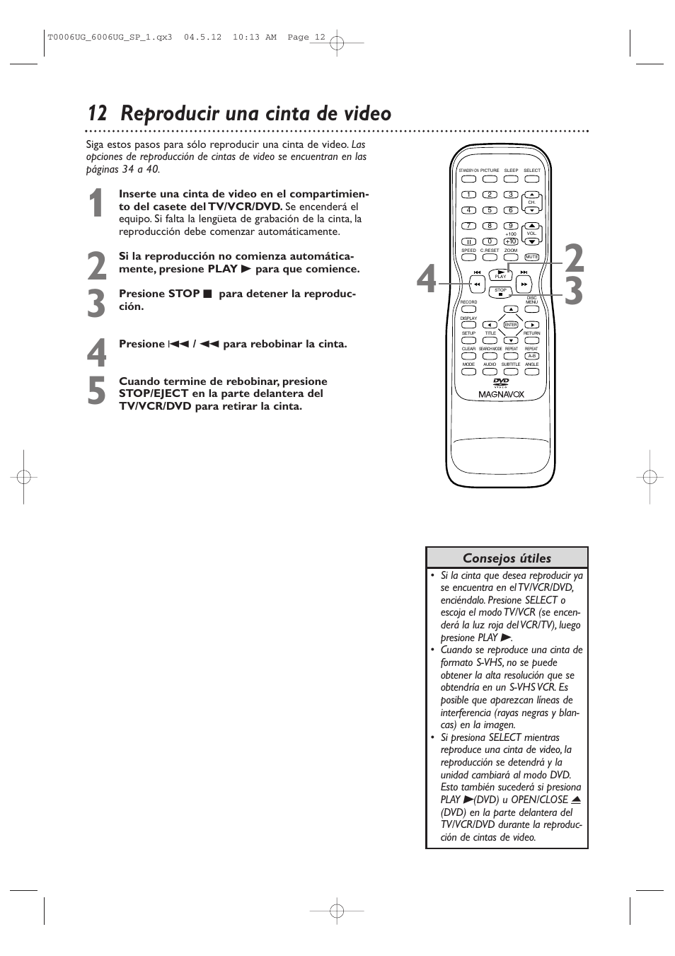 12 reproducir una cinta de video | Philips Magnavox 27MDTR20 User Manual | Page 92 / 160