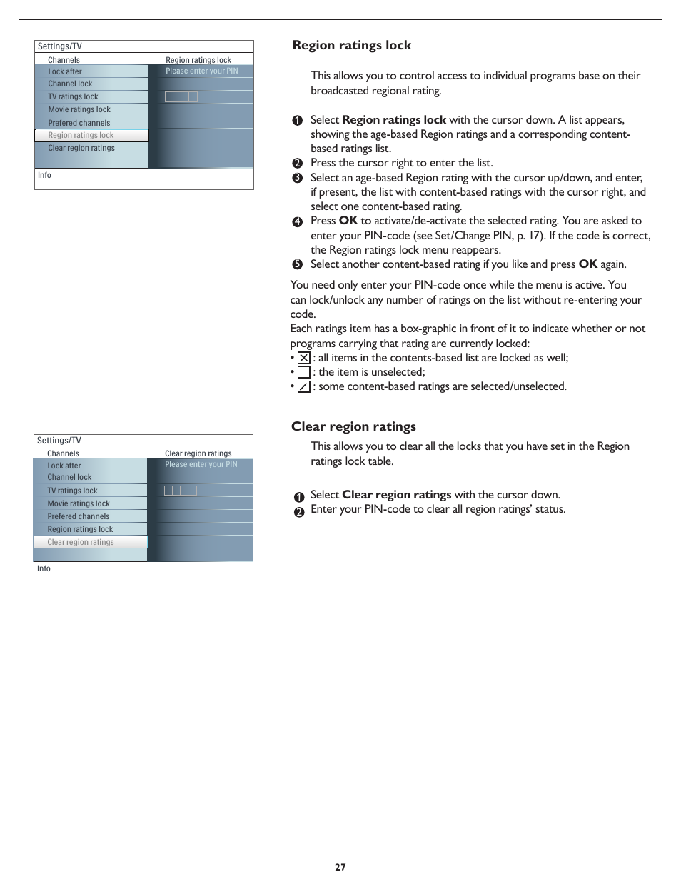 Region ratings lock, Clear region ratings | Philips Magnavox 32MF231D User Manual | Page 27 / 38