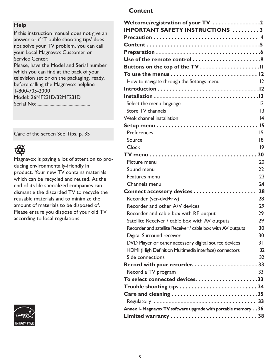 Philips Magnavox 32MF231D User Manual | Page 5 / 38