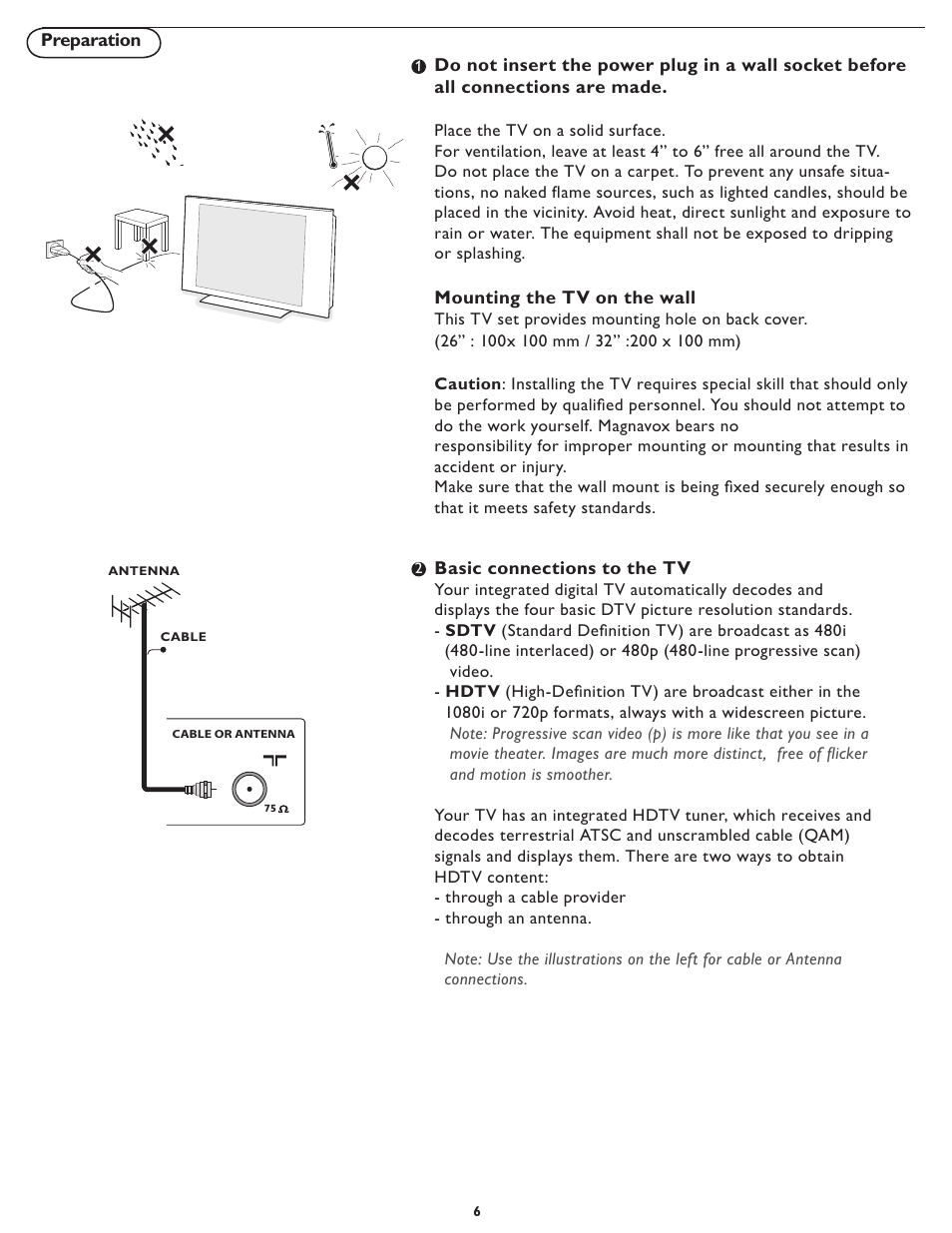Mounting the tv on the wall, Basic connections to the tv | Philips Magnavox 32MF231D User Manual | Page 6 / 38