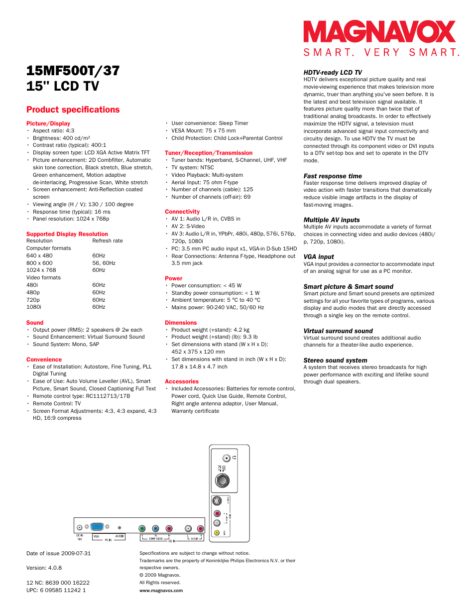 15" lcd tv, Product specifications | Philips Magnavox 15MF500T User Manual | Page 2 / 2
