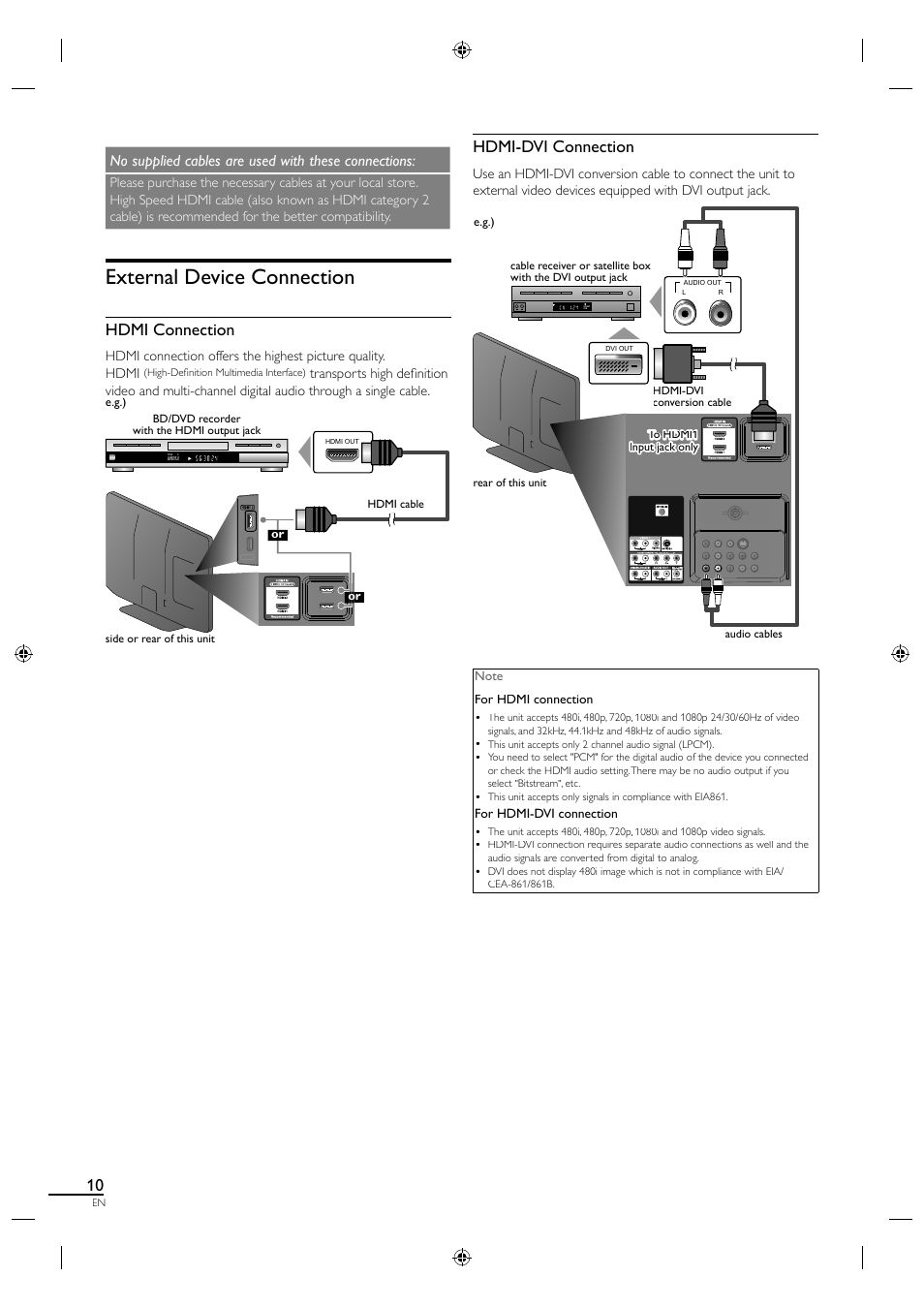 External device connection, Hdmi connection, Hdmi-dvi connection | No supplied cables are used with these connections | Philips Magnavox LCD TV 40MF430B User Manual | Page 10 / 37