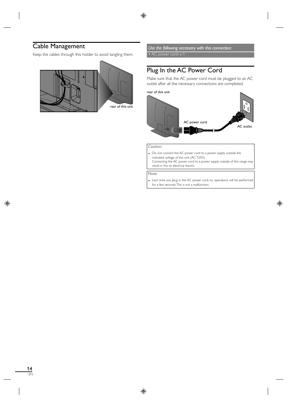 Cable management, Plug in the ac power cord | Philips Magnavox LCD TV 40MF430B User Manual | Page 14 / 37