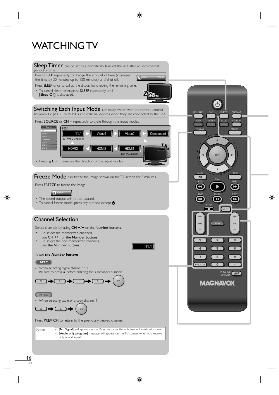 Watching tv, Sleep timer, Switching each input mode | Freeze mode, Channel selection | Philips Magnavox LCD TV 40MF430B User Manual | Page 16 / 37