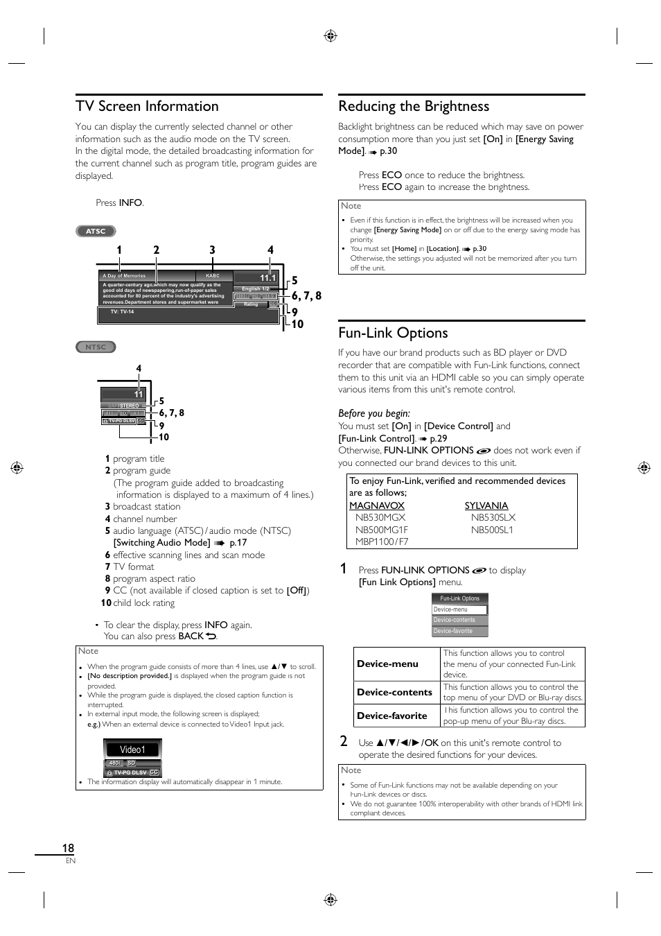 Tv screen information, Reducing the brightness, Fun-link options | Before you begin | Philips Magnavox LCD TV 40MF430B User Manual | Page 18 / 37