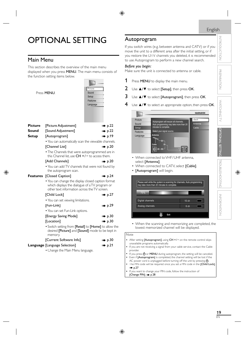 Optional setting, Main menu, Autoprogram | English | Philips Magnavox LCD TV 40MF430B User Manual | Page 19 / 37