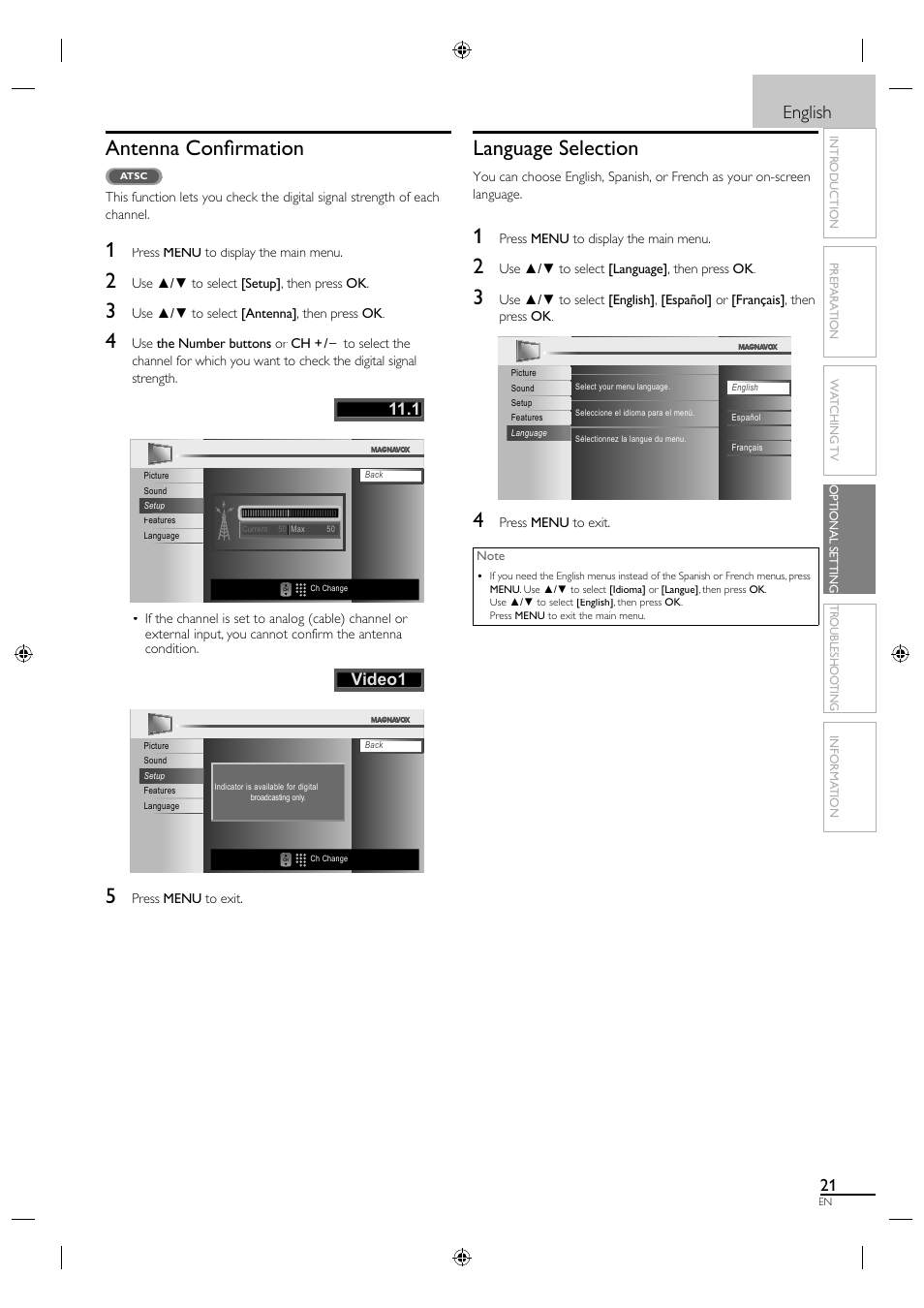 Antenna confi rmation, Language selection, English | Video1 | Philips Magnavox LCD TV 40MF430B User Manual | Page 21 / 37