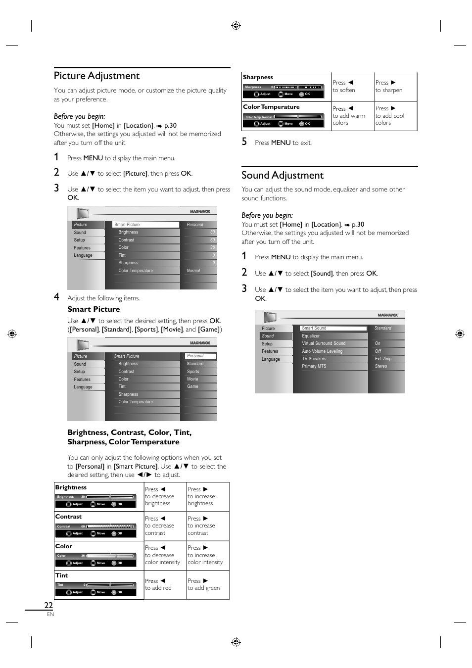 Picture adjustment, Sound adjustment, Before you begin | Smart picture | Philips Magnavox LCD TV 40MF430B User Manual | Page 22 / 37