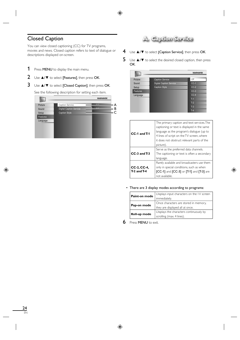 Closed caption, A. caption service, A. caption service 4 | Philips Magnavox LCD TV 40MF430B User Manual | Page 24 / 37