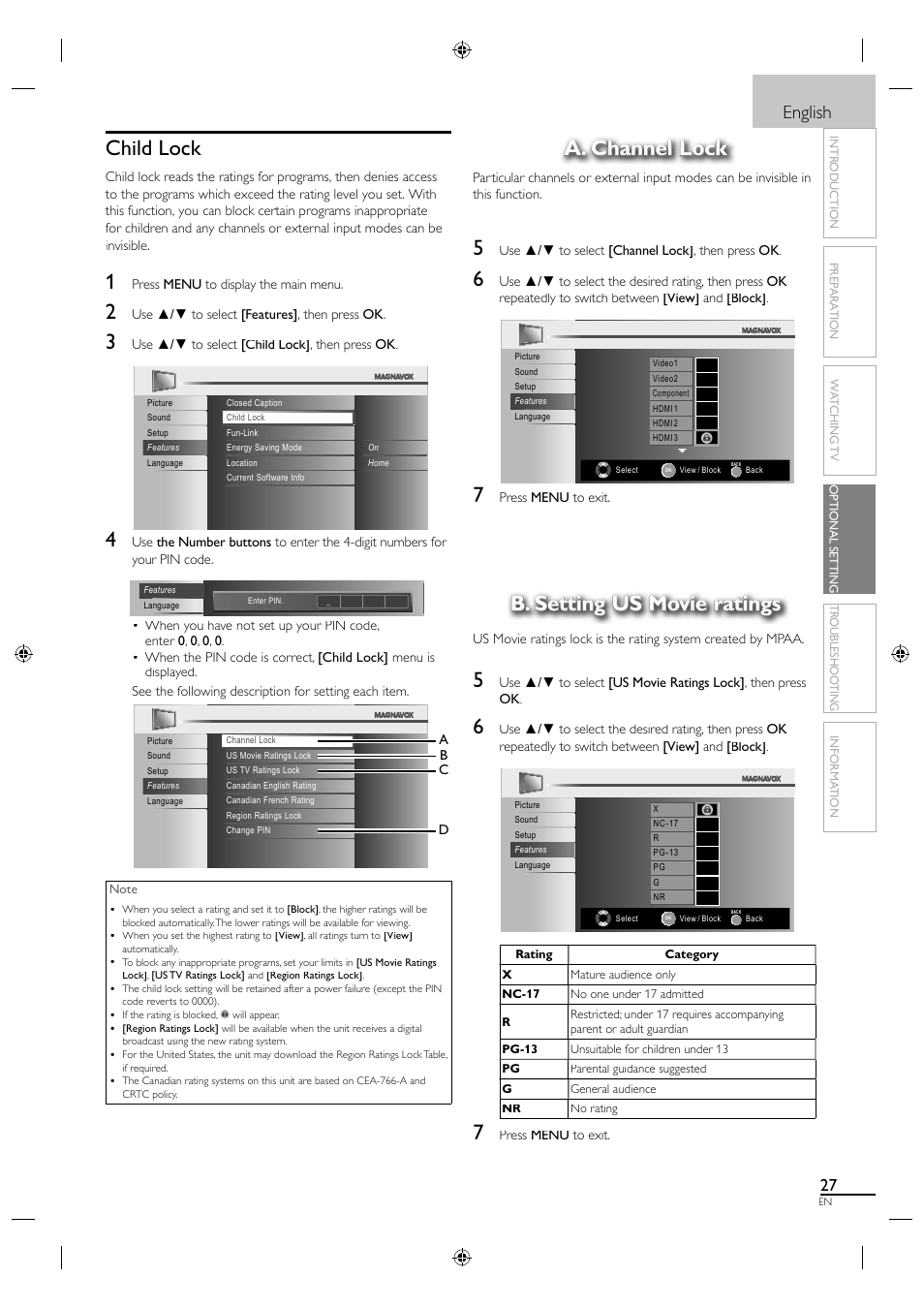 Child lock, A. channel lock, B. setting us movie ratings | English | Philips Magnavox LCD TV 40MF430B User Manual | Page 27 / 37