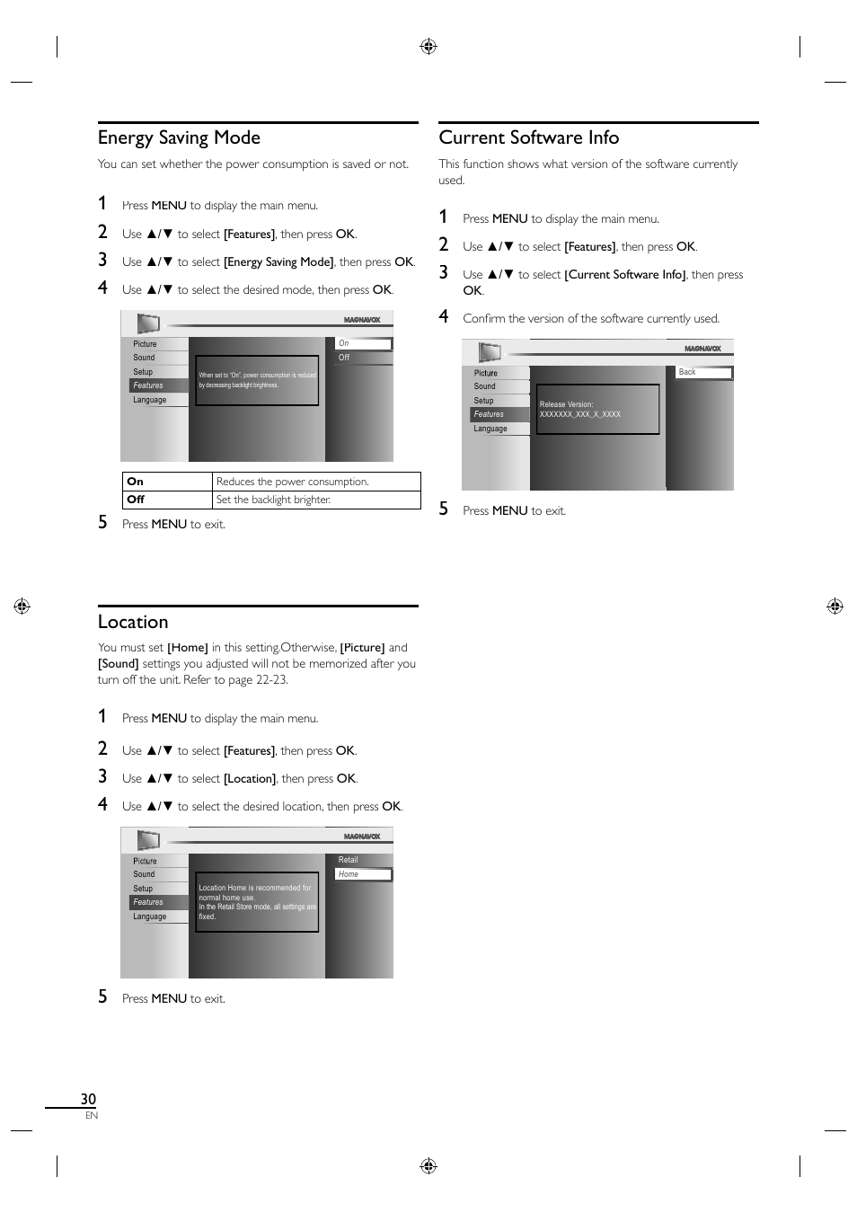 Energy saving mode, Location, Current software info | Philips Magnavox LCD TV 40MF430B User Manual | Page 30 / 37