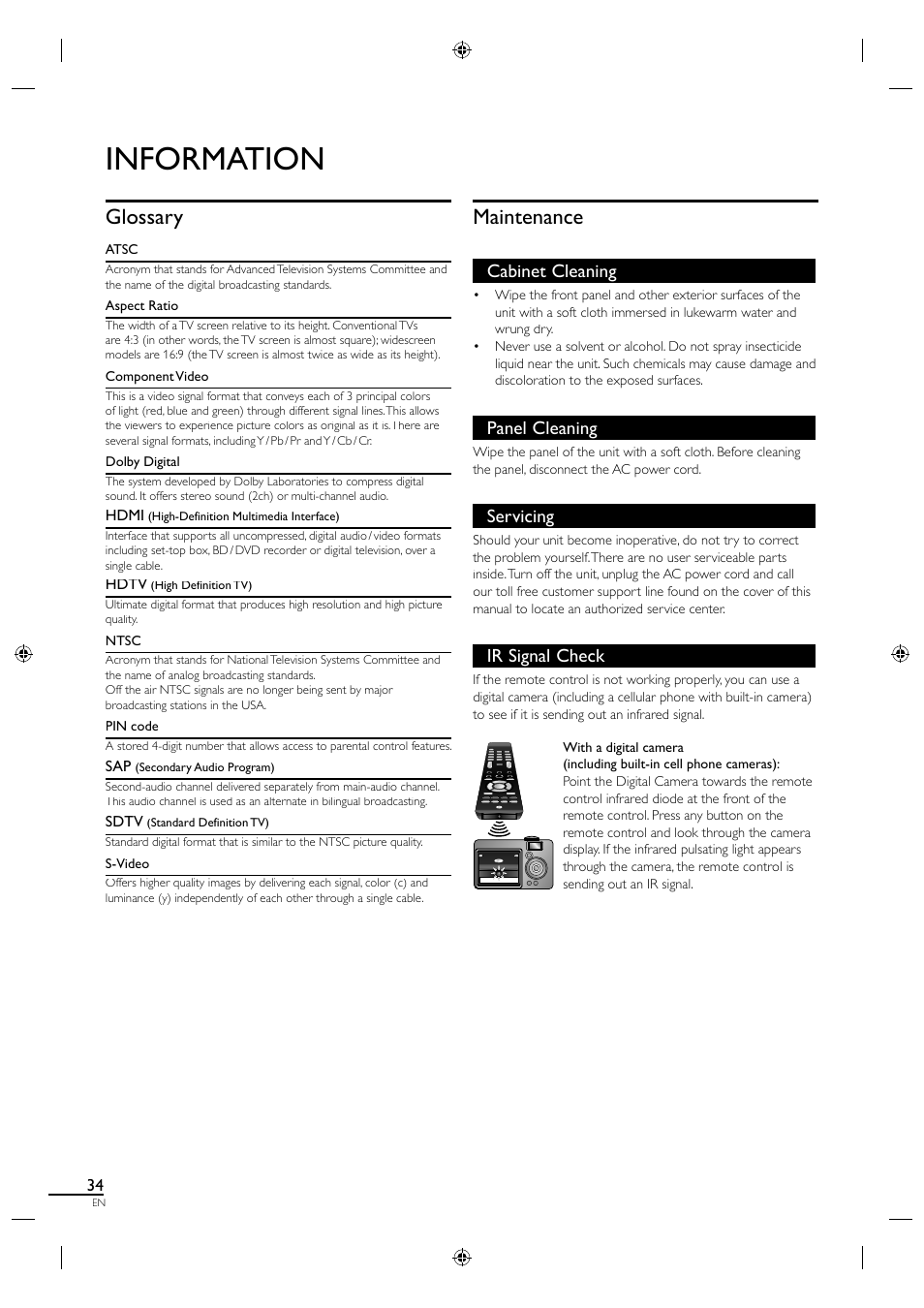 Information, Glossary, Maintenance | Cabinet cleaning, Panel cleaning, Servicing, Ir signal check | Philips Magnavox LCD TV 40MF430B User Manual | Page 34 / 37