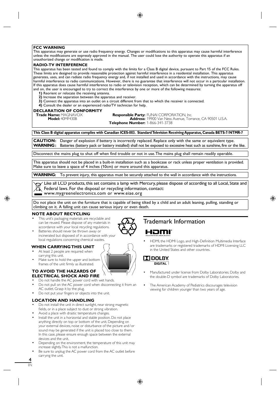 Trademark information | Philips Magnavox LCD TV 40MF430B User Manual | Page 4 / 37