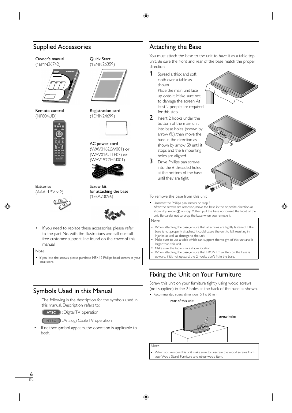 Attaching the base, Fixing the unit on your furniture, Supplied accessories | Symbols used in this manual | Philips Magnavox LCD TV 40MF430B User Manual | Page 6 / 37