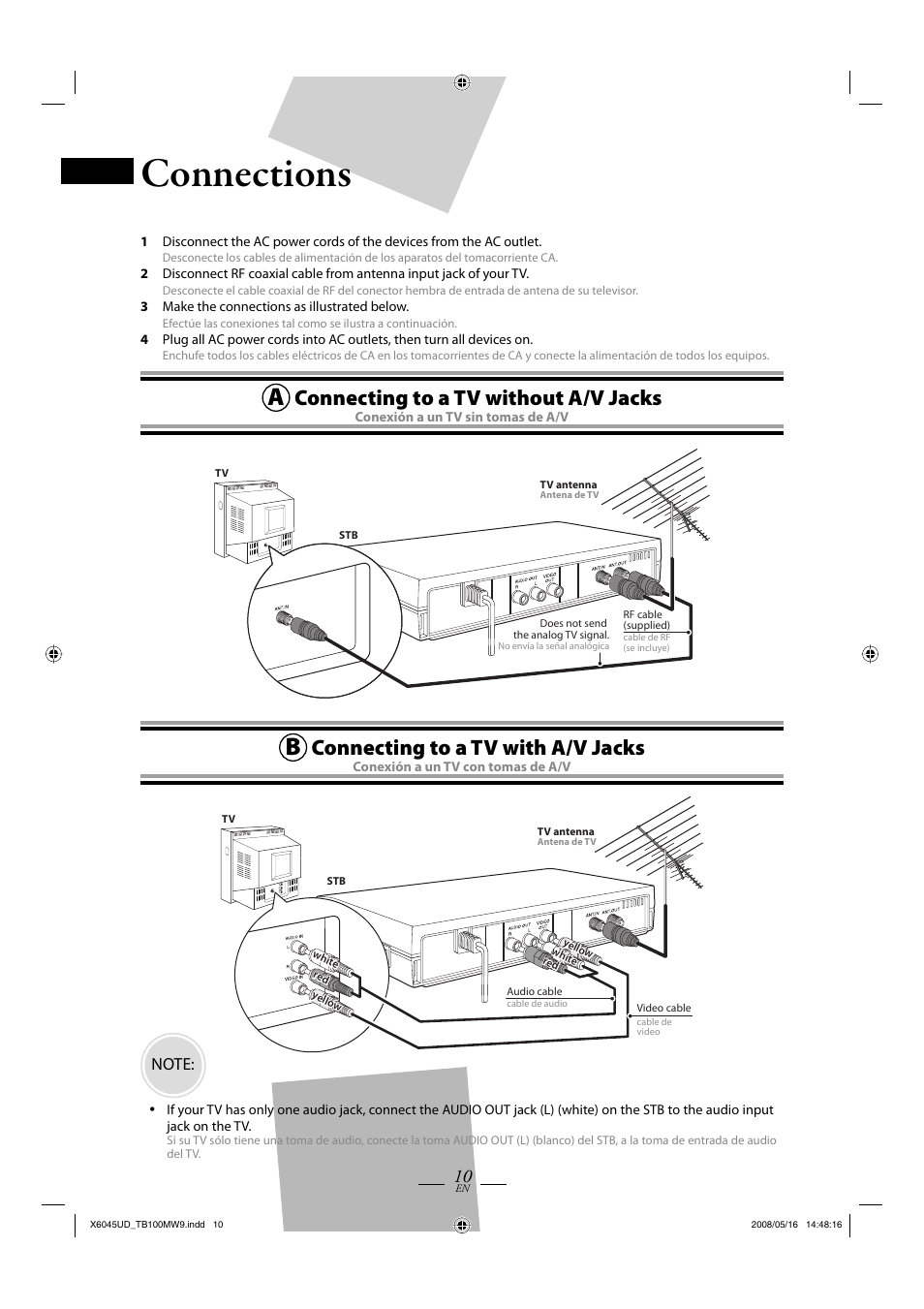 Connections, Connecting to a tv without a/v jacks, Connecting to a tv with a/v jacks | Philips Magnavox TB100MW9A User Manual | Page 10 / 28