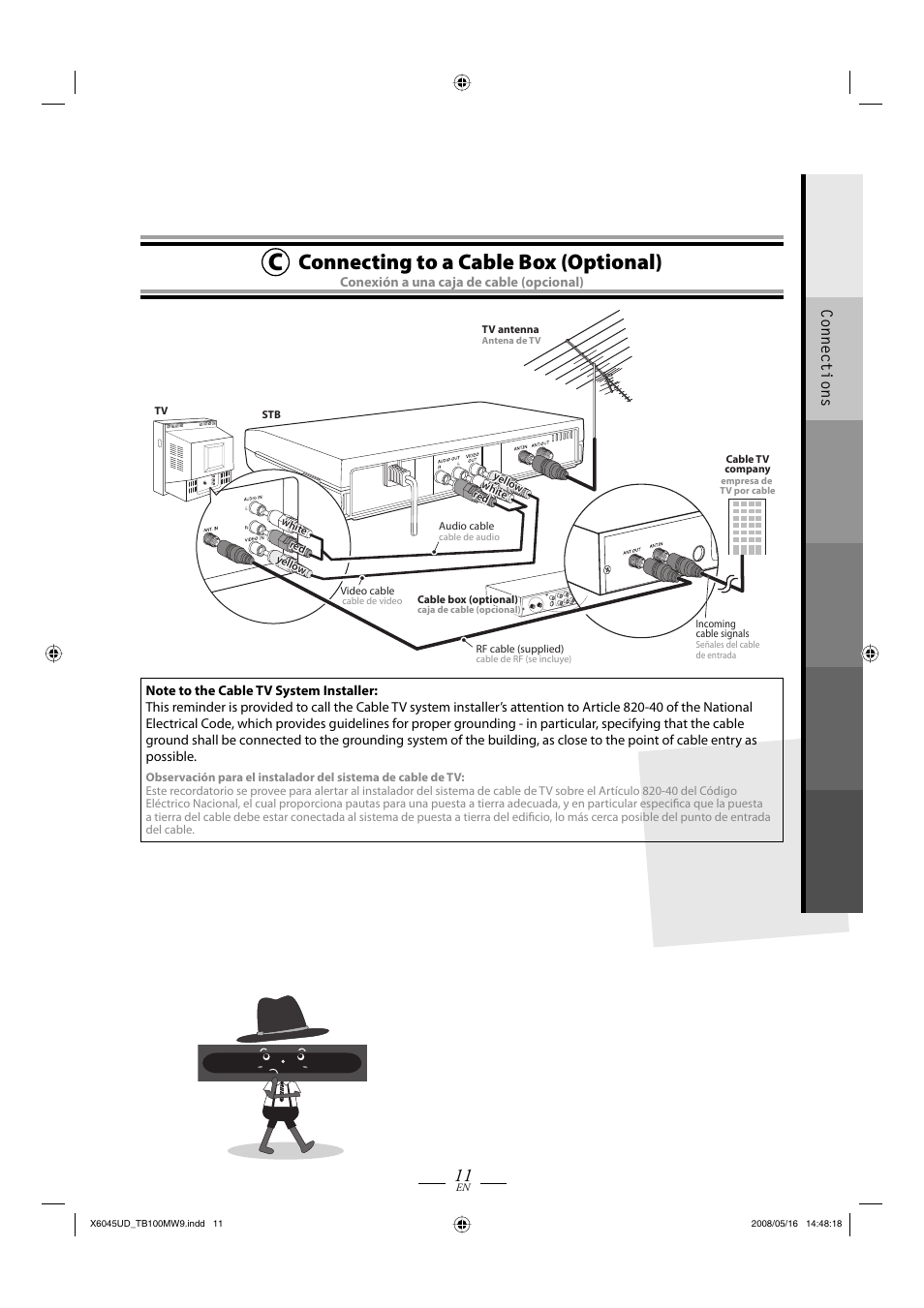 Connecting to a cable box (optional), Connections | Philips Magnavox TB100MW9A User Manual | Page 11 / 28