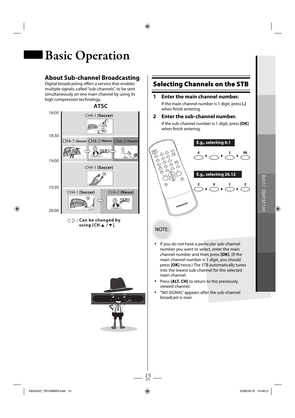 Basic operation, Selecting channels on the stb, About sub-channel broadcasting | Atsc | Philips Magnavox TB100MW9A User Manual | Page 15 / 28