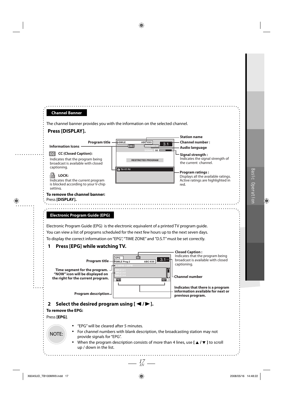 Press [display, 1 press [epg] while watching tv, 2 select the desired program using [ s / b | Basic operation | Philips Magnavox TB100MW9A User Manual | Page 17 / 28